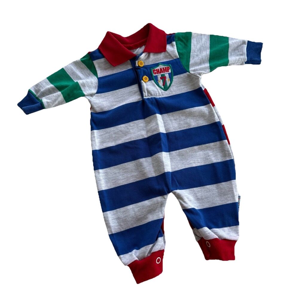 Vintage 90s Baby Boys 0-5M HealthTex Bubble Romper Color Block Stripe Champ USA